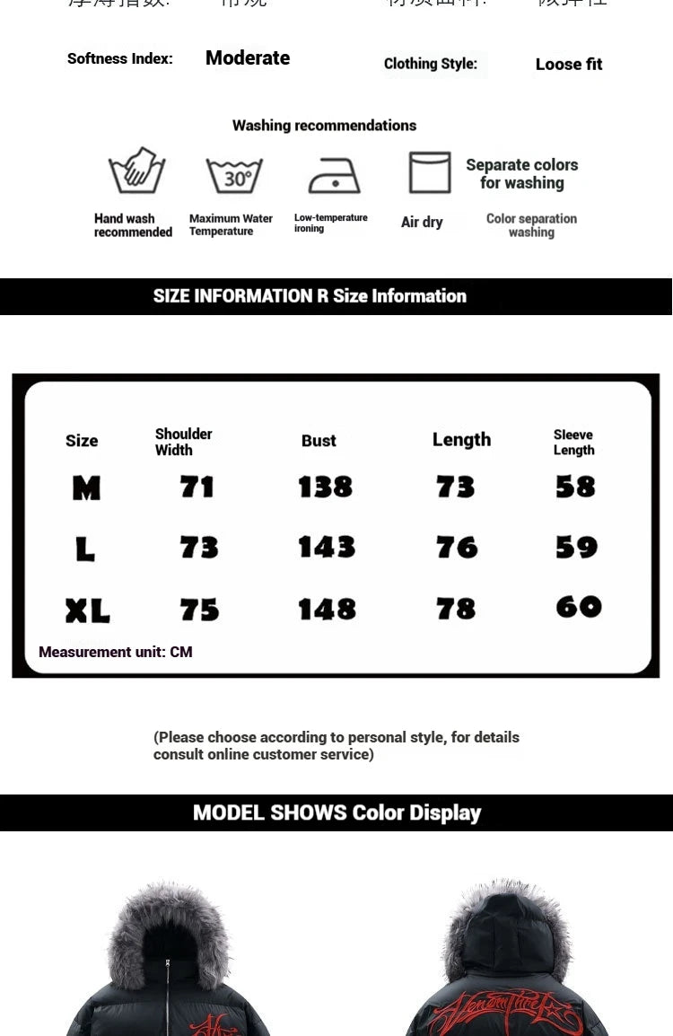 Winter Jacket Men Women Loose Thick Warm Bomber Cotton Hooded Coat Detachable Fur Collar Embroidered Design Outdoor Windproof