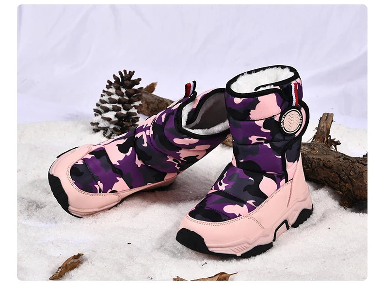 Winter Children Casual Shoes Girls Non-slip Warm Fur Snow Boots Boys Tactical Sneakers Kids Outdoor Footwear Padded Boots Female
