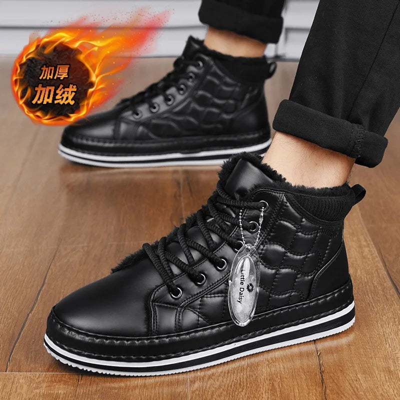 Winter New Shoes for Men Fur Boots High Tops Leather Warm Plush Casual Shoes Outdoor Snow Boots