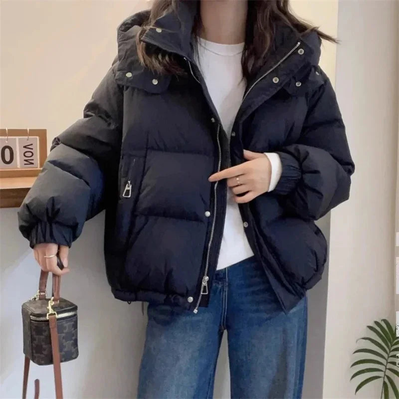 Women Korean Cotton Parkas Hooded Winter Oversize Coat Thick Warm Loose Puffer Jacket Female Solid Fashion Zipper Outwear