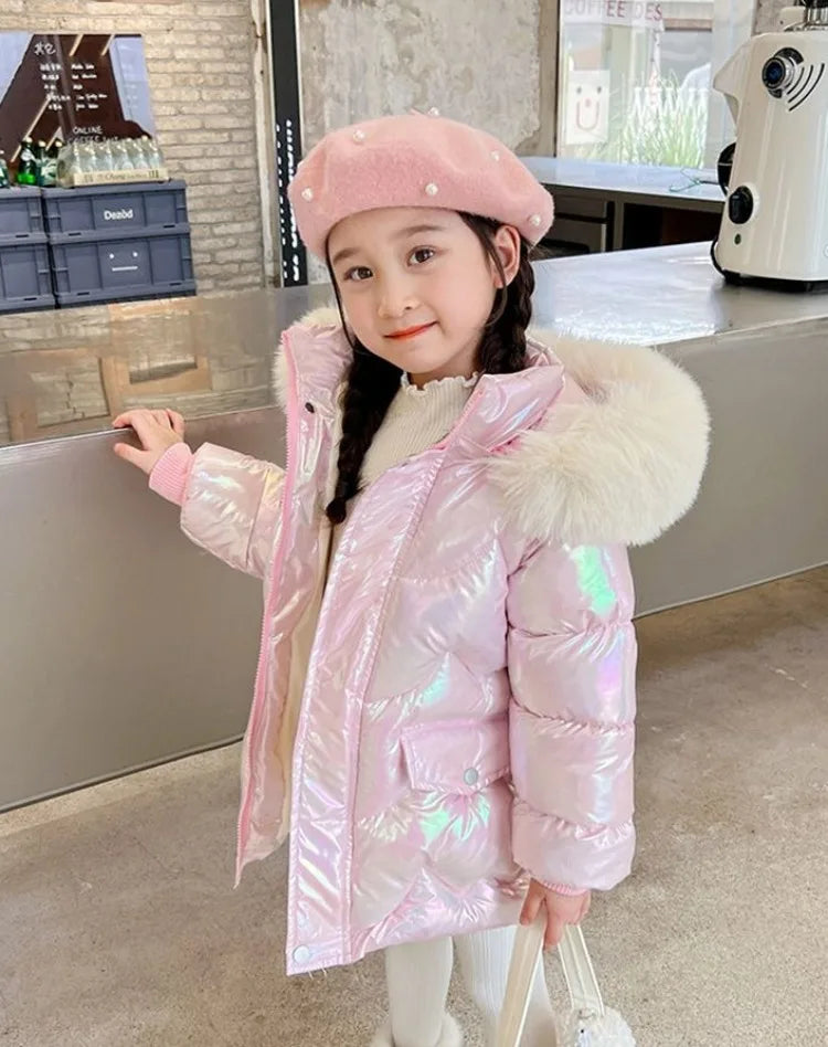 Winter Girls Down Jacket with Faux Fur Lining - Thermal Insulation Windproof Stain Resistant Coat for Medium To Large Kids
