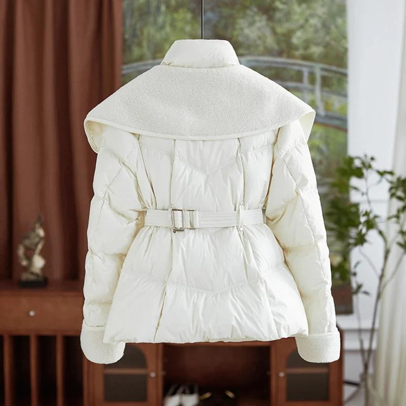2025 New Winter Jacket Coat Female Parkas Fashion Lamb Wool Double Collar Short Belt Warm Down Cotton Jacket Women Outerwear Top