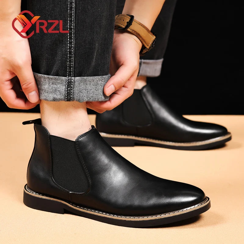 YRZL 39~47 Men Chelsea Boots Brand Retro Comfortable PU Leather Ankle Boots Men 2025 Fashion Black Brown Mens Boots