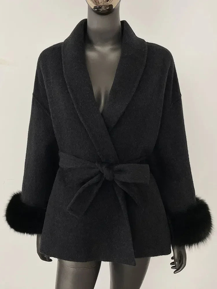 2024 New Winter Jacket for Women Natural Fox Fur Collar Thickened Warm Cashmere Wool Double-sided Coat Fashion V-neck Commuting