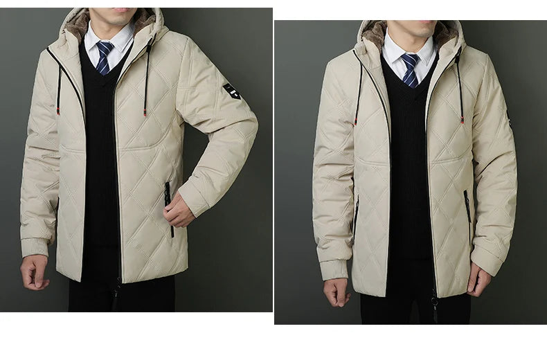 Winter Hooded Jacket Men Windproof Warm Business Casual Men Coats Blazers for Men Formal Social Jacket Solid Color Thick Coat