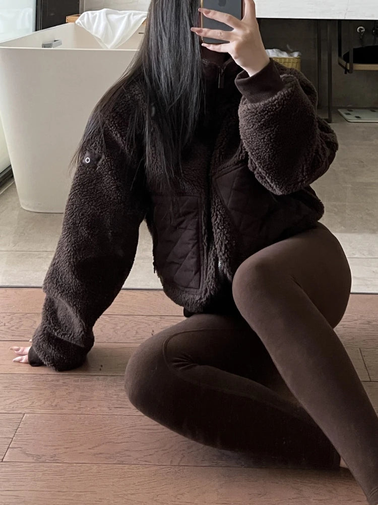 Winter Women‘s Lamb Fleece Jacket Casual Fashion Thick Warm Short Coat Stand Collar Zipper Loose Solid Long Sleeve Jackets Women