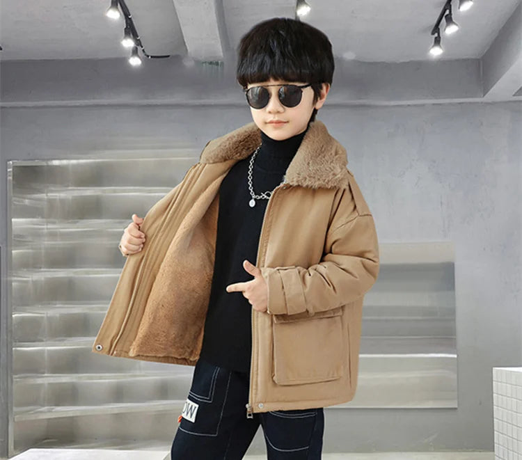 Winter Boys Insulated Jacket Child Khaki Color Retro Plus Thicken Coat Warm Outerwear High Quality Clothes Kids Windbreaker Coat
