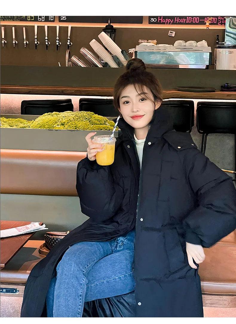 Vielleicht 2025 Korean Jacket Women Winter X-long Parkas Solid Hooded Thicken Warm Female Snow Wear Coat Padded Loose Clothes