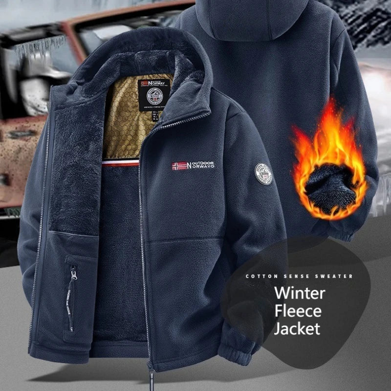 Men's Winter Fleece Jacket British Street Thickened Polar Fleece Hooded Jacket Casual Plus Size Cold-proof Warm Pocket Coat