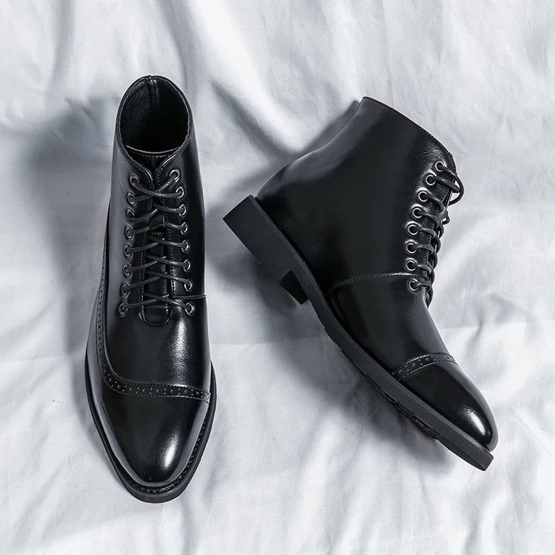 Winter Trend High Top Workwear Shoes Tips Thick Soles for Men's Business Dress Shoes British Style Men's Leather Ankle Boots