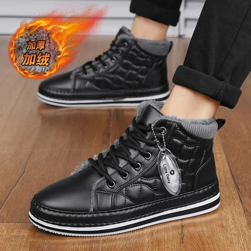 Winter New Shoes for Men Fur Boots High Tops Leather Warm Plush Casual Shoes Outdoor Snow Boots