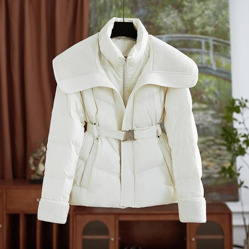 2025 New Winter Jacket Coat Female Parkas Fashion Lamb Wool Double Collar Short Belt Warm Down Cotton Jacket Women Outerwear Top
