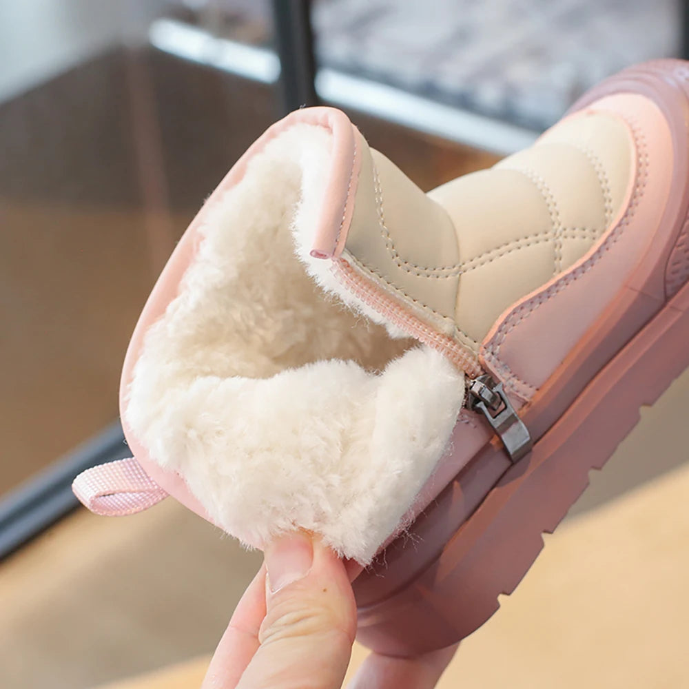 PU Leather Snow Boots For Children Waterproof Thick Warm Girl's Plush Boots Faux Fur Winter Cotton Shoes For Teenager Kids