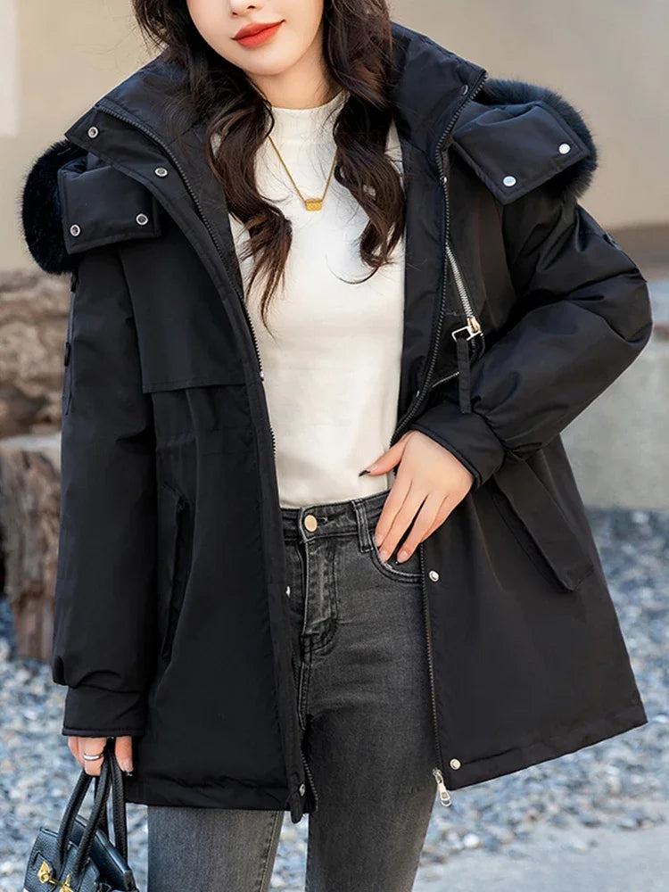 CJFHJE Parkas Winter Jackets Women Chaquetas Para Mujeres Waist Big Fur Collar Warm Down Jacket Outdoor Coat Abrigos De Plumas