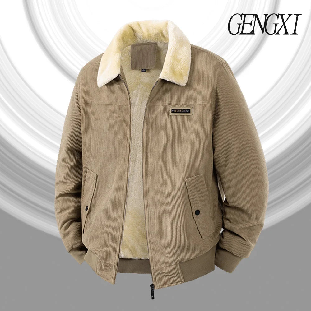 Winter New Arrival: Warm-Weather Corduroy Jacket Men's Fleece-Lined, Thickened Letter-Label Collared Jacket Fashionable Menswear