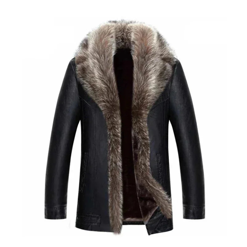 Winter New Leather Jacket for Men Short Plush Thickened Jackets 2025 Men's Raccoon Fur Collar Lapel Coats Jaqueta Couro