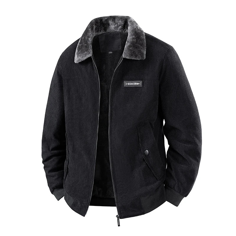 Winter New Arrival: Warm-Weather Corduroy Jacket Men's Fleece-Lined, Thickened Letter-Label Collared Jacket Fashionable Menswear