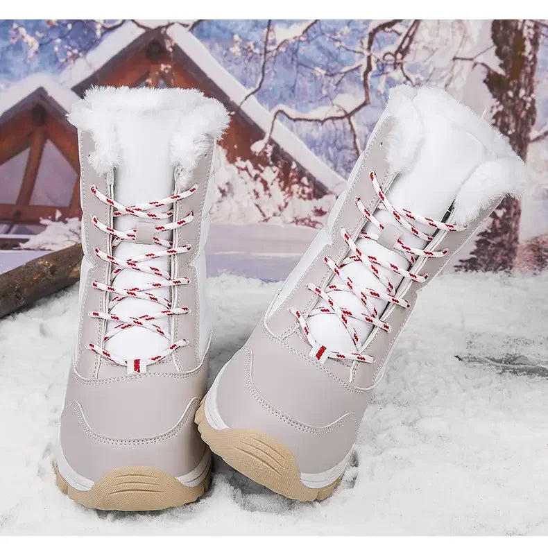 2025 Winter Women's Waterproof High Heel Boots Strap Up Flat Heel Boots Warm Snow Shoes, Plush Outdoor Fashion Casual Boots