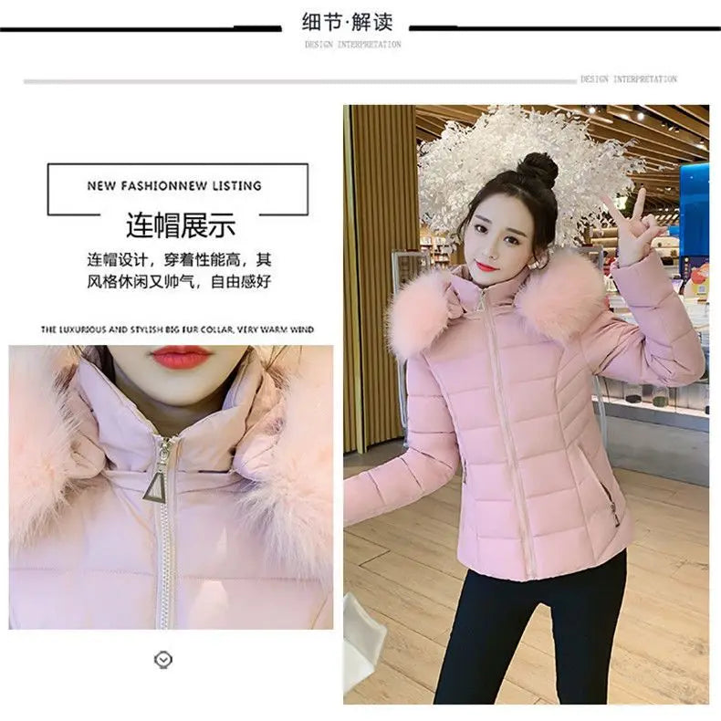 Fashion Winter Jacket Women 2025 New Korean Big Fur Collar Hooded Thick Down Parkas Female Short Coat Slim Warm Outerwear R047
