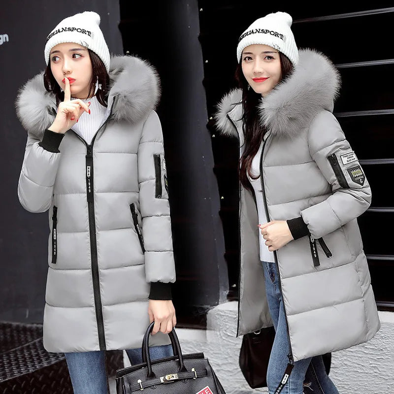 Women Parkas Hooded Long Sleeve Fur Collar Solid Thick Midi Parka Zipper Pockets Casual Warm Coat Outerwear Winter 2024