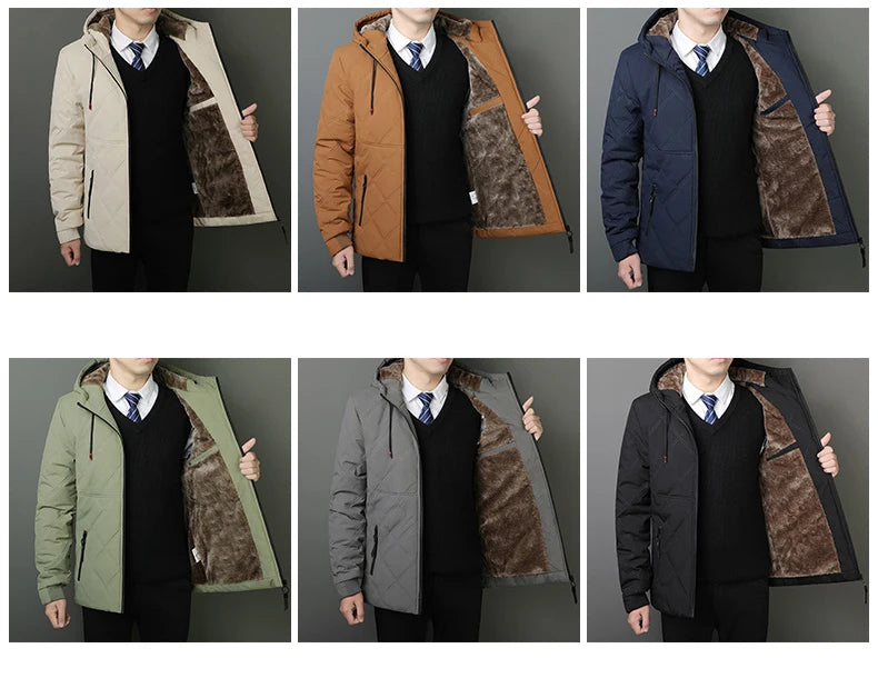 Winter Hooded Jacket Men Windproof Warm Business Casual Men Coats Blazers for Men Formal Social Jacket Solid Color Thick Coat