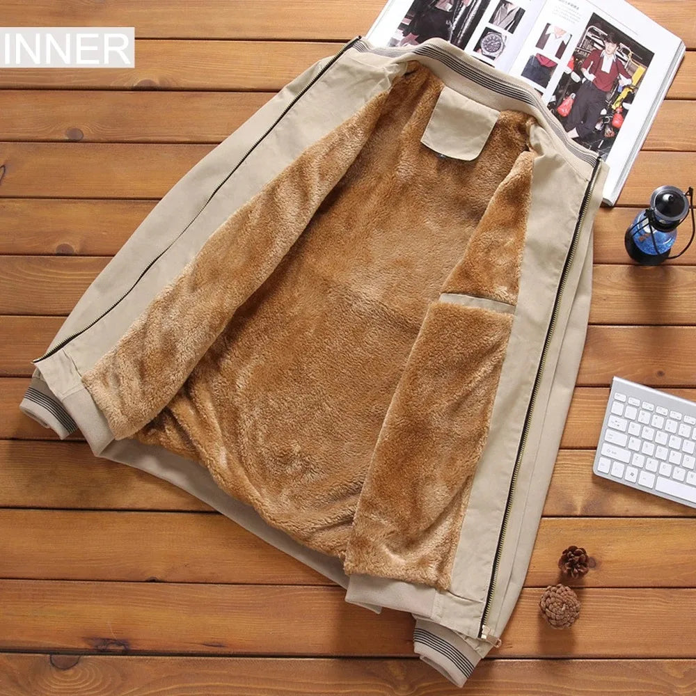 Autumn And Winter New Men's Fashion Aviator Jacket Fleece Thickened Warm Baseball Jacket Solid Color Zipper Large Size Top M-5XL