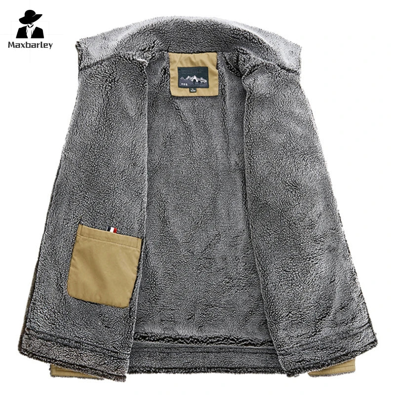Autumn Winter Men's Jacket High Quality Clothing Thick Sheep Fur Collar Velvet Windproof Coat Male Casual Soft Fleece Warm Parka