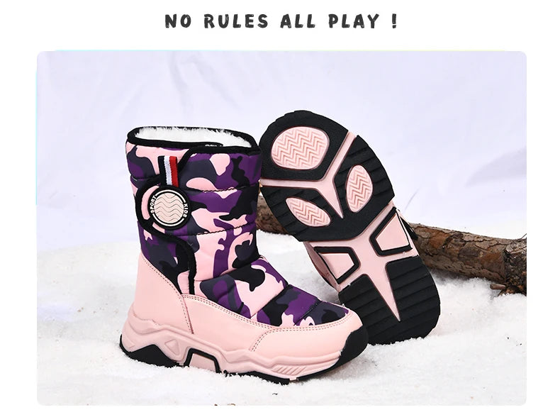 Winter Children Casual Shoes Girls Non-slip Warm Fur Snow Boots Boys Tactical Sneakers Kids Outdoor Footwear Padded Boots Female