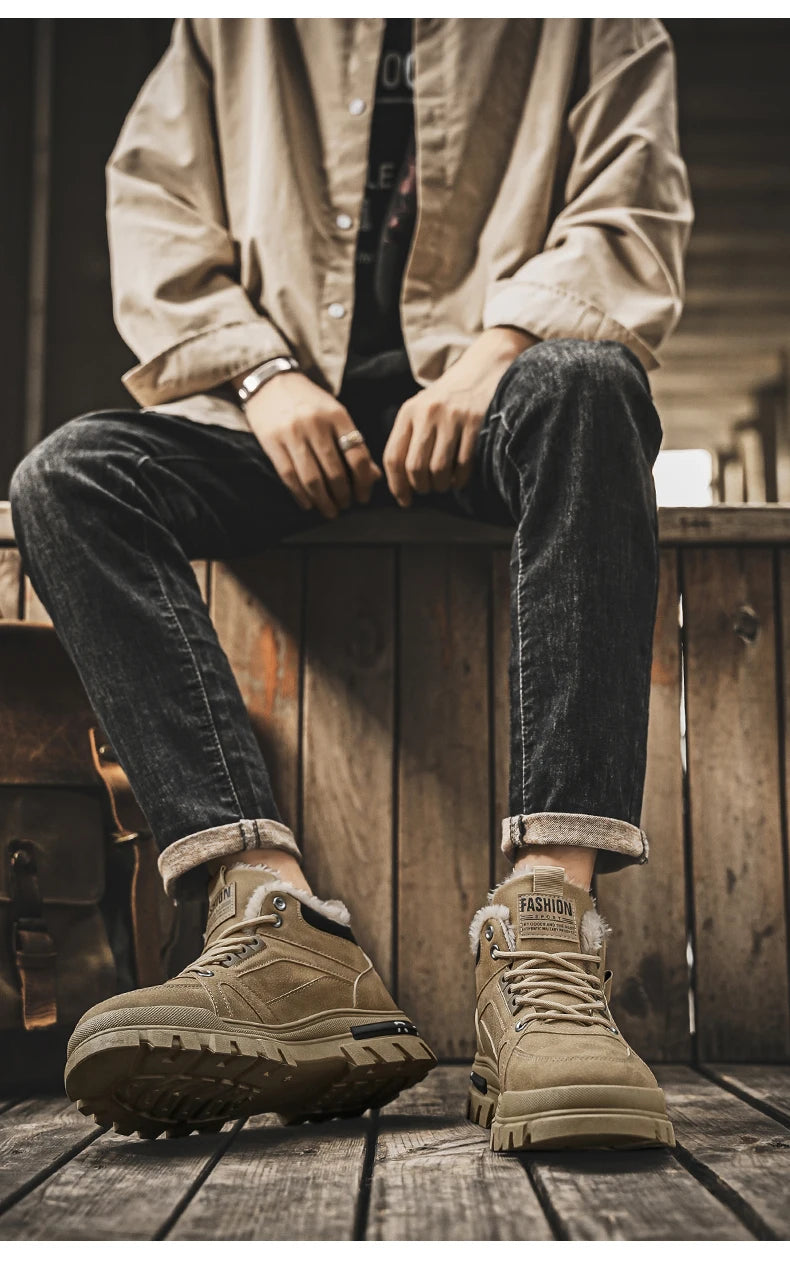 Men's plus size warm and velvet work boots soft-sole anti-slip high-top boots winter fashion youth comfort outdoor cotton boots