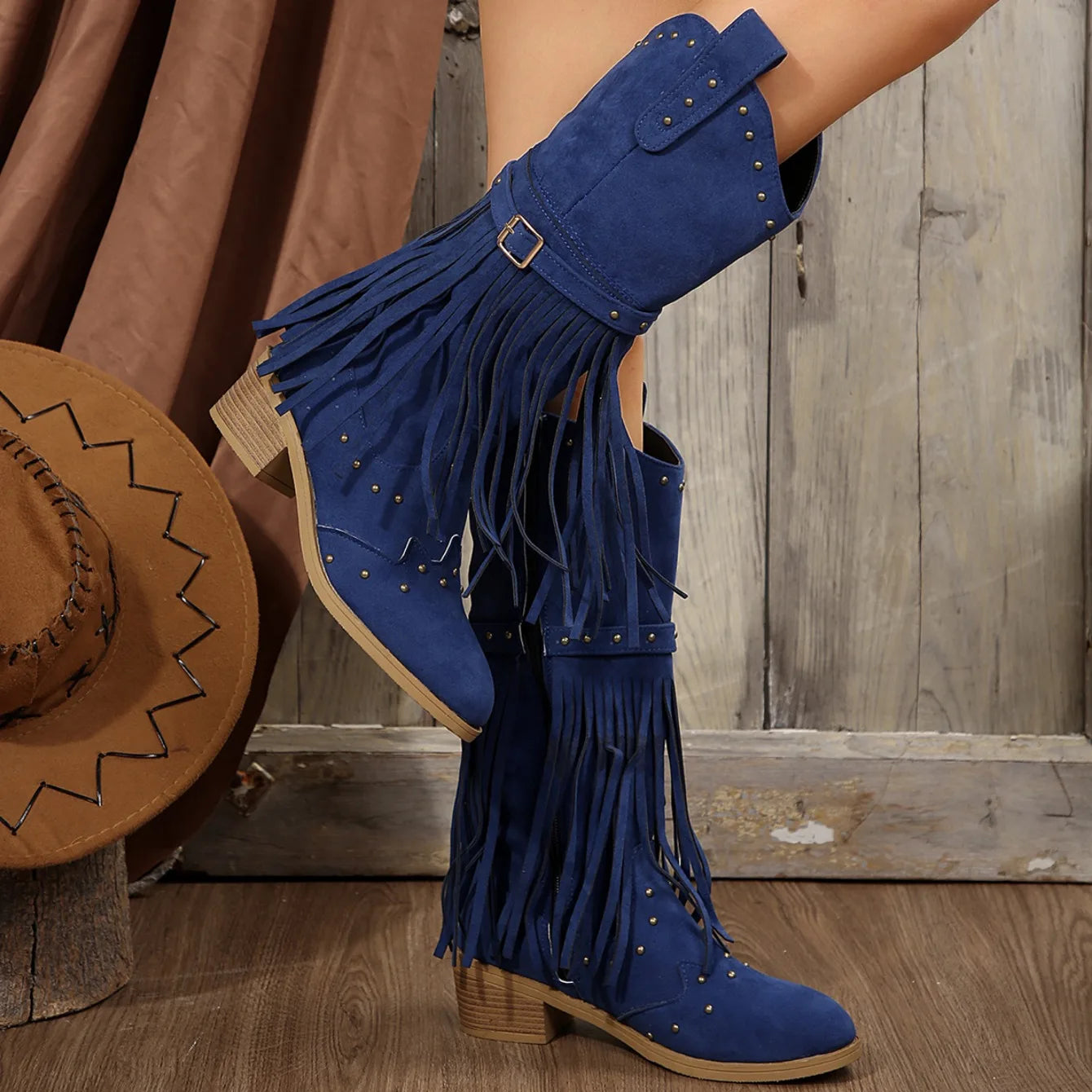 2024 Winter Women Fringes Thick Heel High Boots Suede Pointed Toe Outdoor Fashion Platform Shoes Willow Nails Pumps Women Shoes