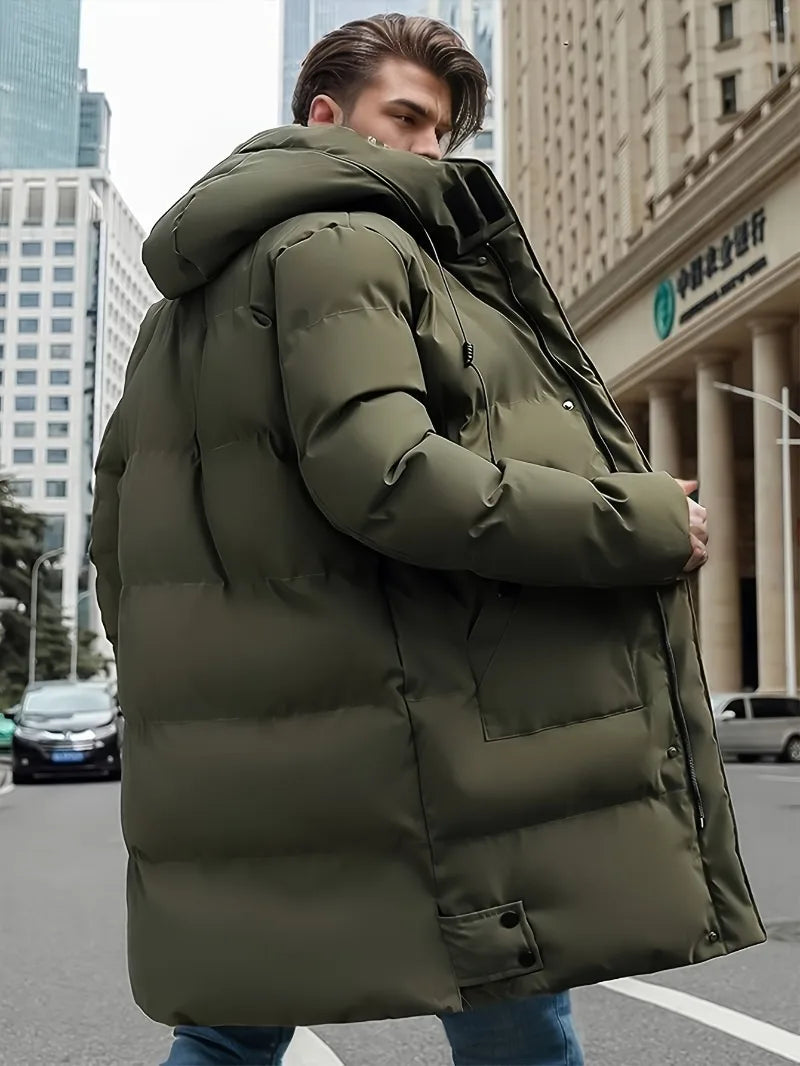 Men's Winter Jacket Hooded Full-Zip -Padded - Windproof Coat with Full-Length Zipper- Cold Weather Outdoor Clothing for Skiing