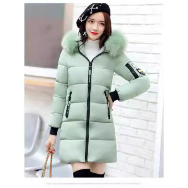 Women Parkas Hooded Long Sleeve Fur Collar Solid Thick Midi Parka Zipper Pockets Casual Warm Coat Outerwear Winter 2024