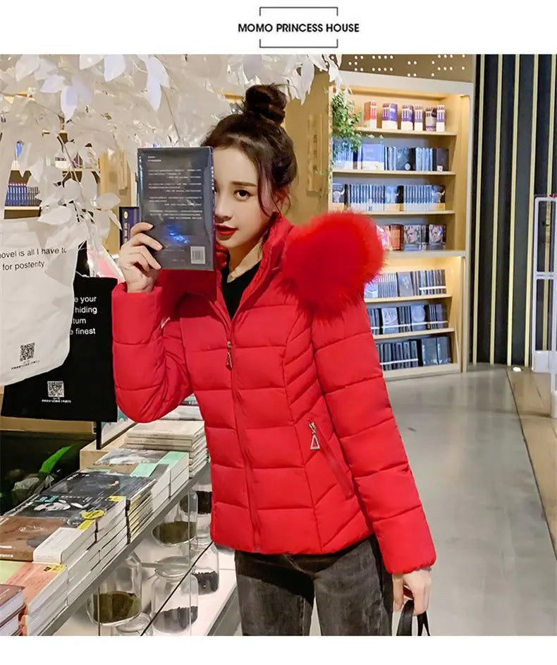 Fashion Winter Jacket Women 2025 New Korean Big Fur Collar Hooded Thick Down Parkas Female Short Coat Slim Warm Outerwear R047