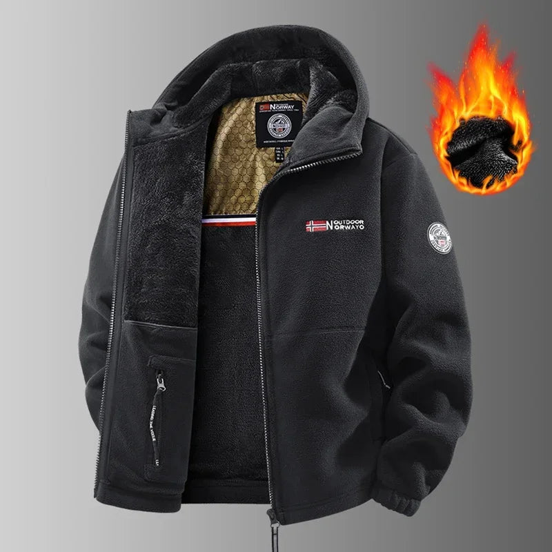 Men's Winter Fleece Jacket British Street Thickened Polar Fleece Hooded Jacket Casual Plus Size Cold-proof Warm Pocket Coat