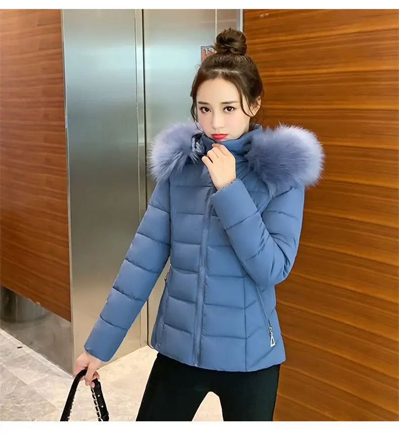 Fashion Winter Jacket Women 2025 New Korean Big Fur Collar Hooded Thick Down Parkas Female Short Coat Slim Warm Outerwear R047