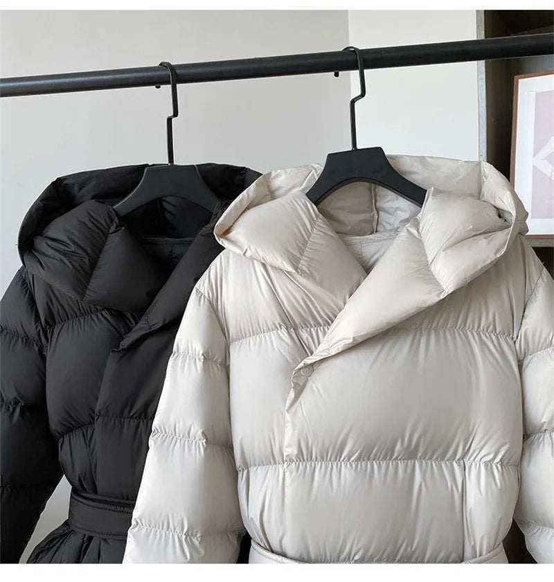 2025 New Winter Jacket Women Warm Parkas Long Sleeve Tops Casual Cotton Padded Jackets Belt Black Brown Hooded Outwear Female