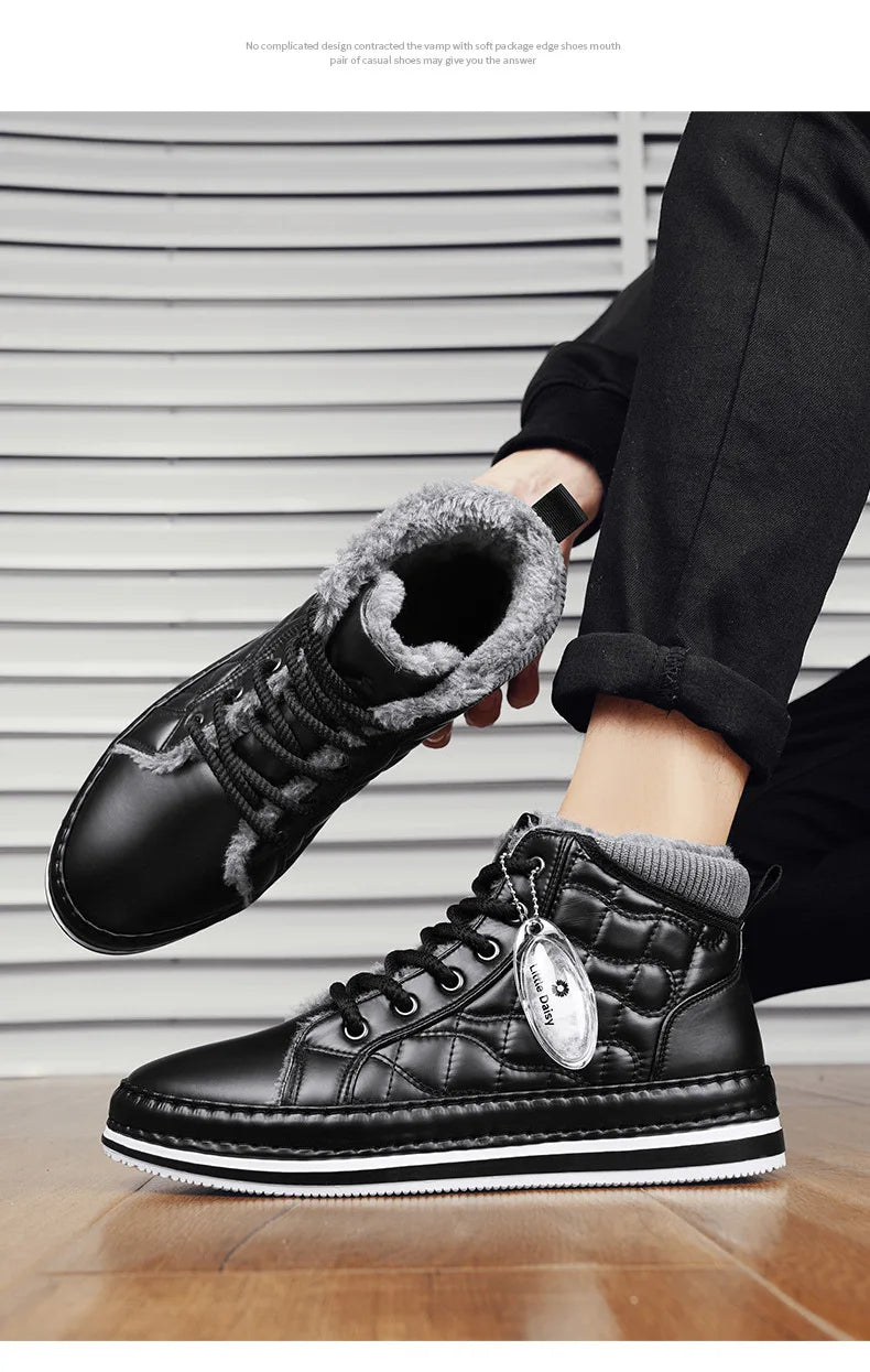 Winter New Shoes for Men Fur Boots High Tops Leather Warm Plush Casual Shoes Outdoor Snow Boots