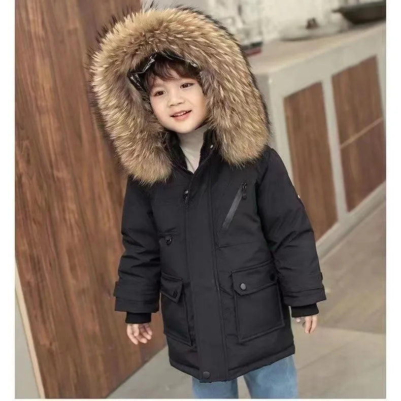 -30℃ Winter Kids Padded Jacket Children Thick Plus Velvet Warm Parkas Coat Boys Girls Fur Collar Hooded Cotton Clothes Outerwea