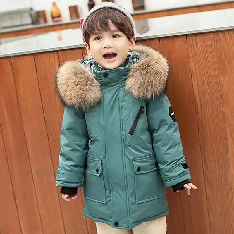 -30℃ Winter Kids Padded Jacket Children Thick Plus Velvet Warm Parkas Coat Boys Girls Fur Collar Hooded Cotton Clothes Outerwea