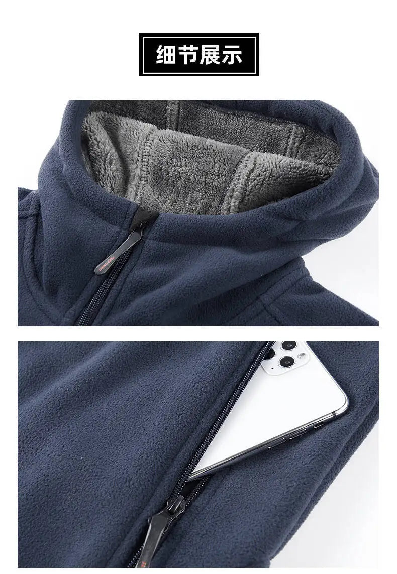 Men's Outdoor Sport Hooded Sweatshirt Jacket Warm Fleece Liner Windproof Softshell Inner Polar Fleece Coat with Zipper & Pockets