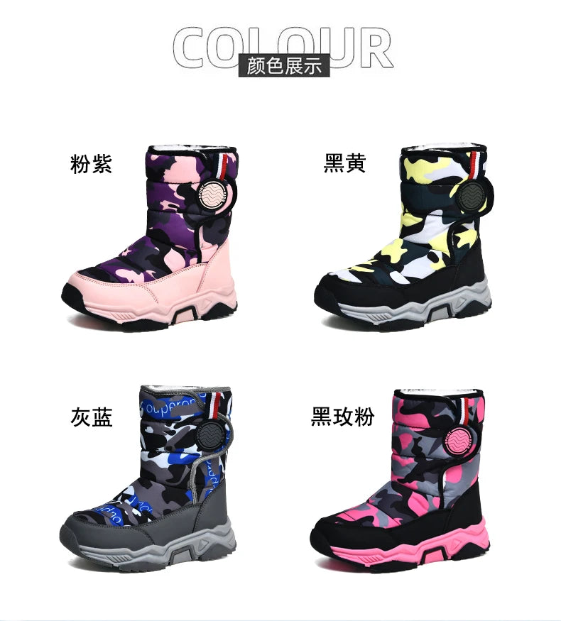 Winter Children Casual Shoes Girls Non-slip Warm Fur Snow Boots Boys Tactical Sneakers Kids Outdoor Footwear Padded Boots Female