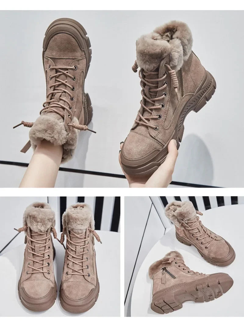2024 Winter Shoes Women Snow Boots Thick Sole Warm Plush Cold Winter Shoes Genuine Leather Suede Women Ankle Boots