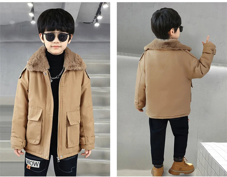 Winter Boys Insulated Jacket Child Khaki Color Retro Plus Thicken Coat Warm Outerwear High Quality Clothes Kids Windbreaker Coat