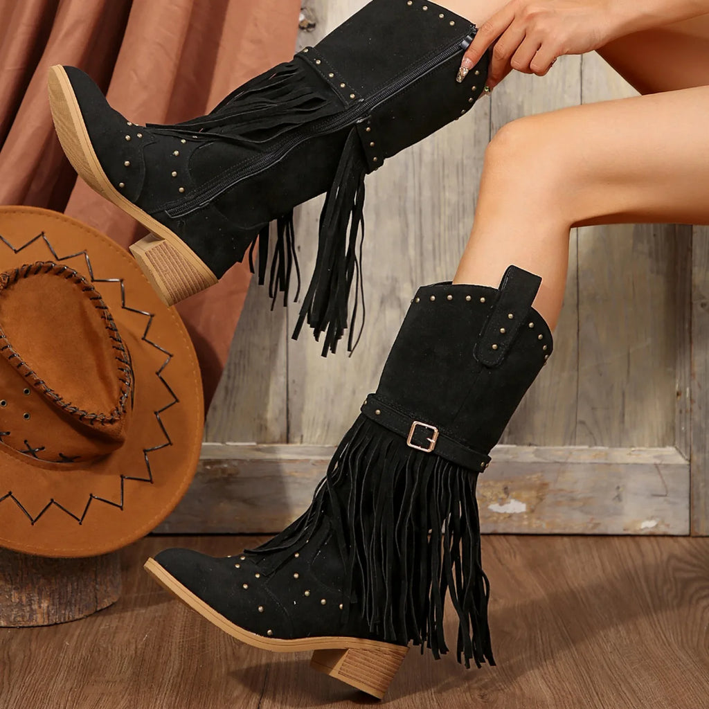 2024 Winter Women Fringes Thick Heel High Boots Suede Pointed Toe Outdoor Fashion Platform Shoes Willow Nails Pumps Women Shoes