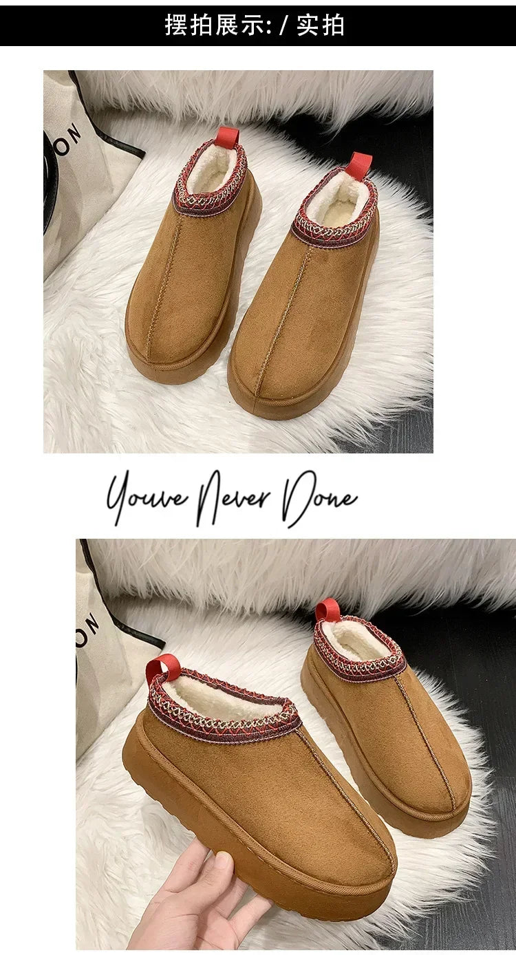 Snow Boots for Women 2024 Winter New Cashmere Warm Thick Soles Without Heel-covered Hair Half Slipper Cotton Shoes for Women