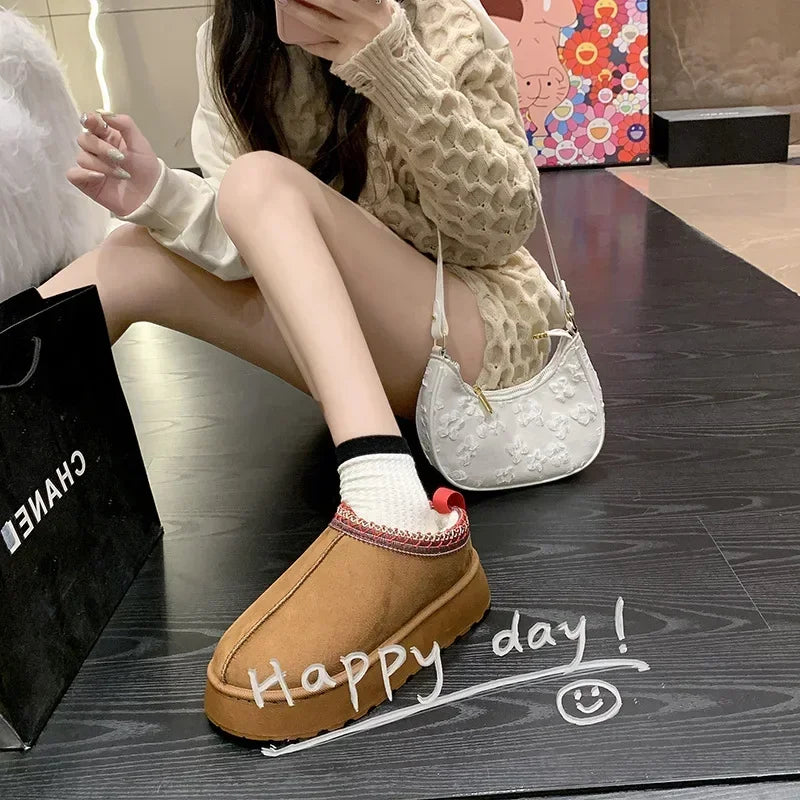 Snow Boots for Women 2024 Winter New Cashmere Warm Thick Soles Without Heel-covered Hair Half Slipper Cotton Shoes for Women