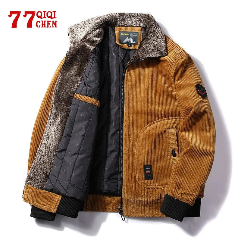 Mens Warm Winter Corduroy Jackets and Coats Fur Collar Winter Casual Jacket Outwear Male Thermal Windbreaker Plus Size 6XL