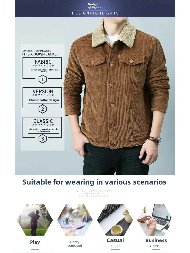 Male Cotton Jackets Padded Warm Loose Parka Coat Corduroy Short Jacket Man Solid Fur Collar Windbreaker Winter Men Fleece Jacket