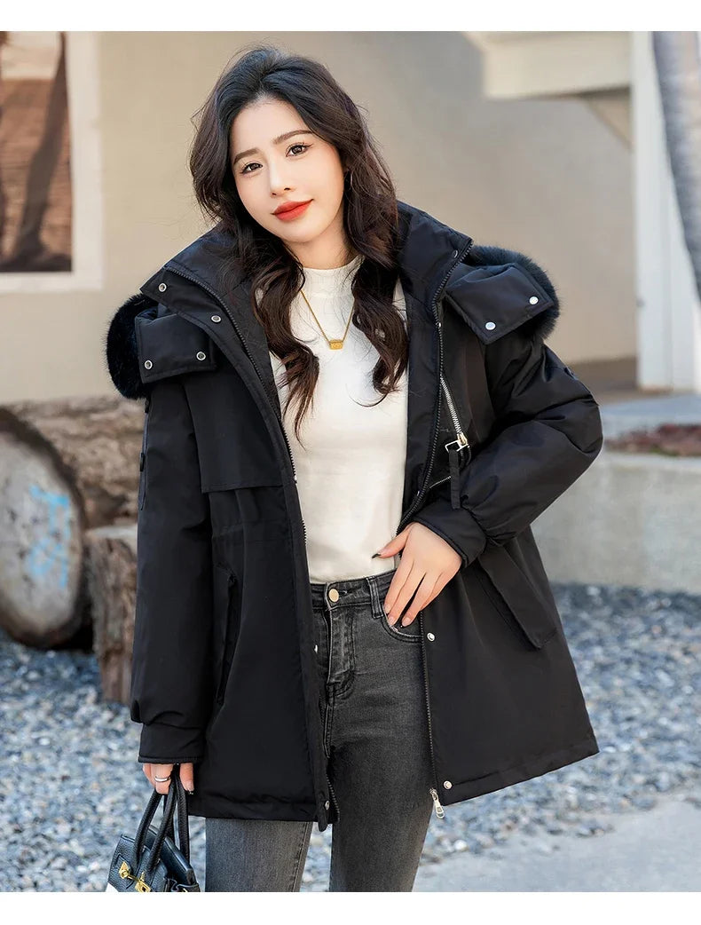 CJFHJE Parkas Winter Jackets Women Chaquetas Para Mujeres Waist Big Fur Collar Warm Down Jacket Outdoor Coat Abrigos De Plumas