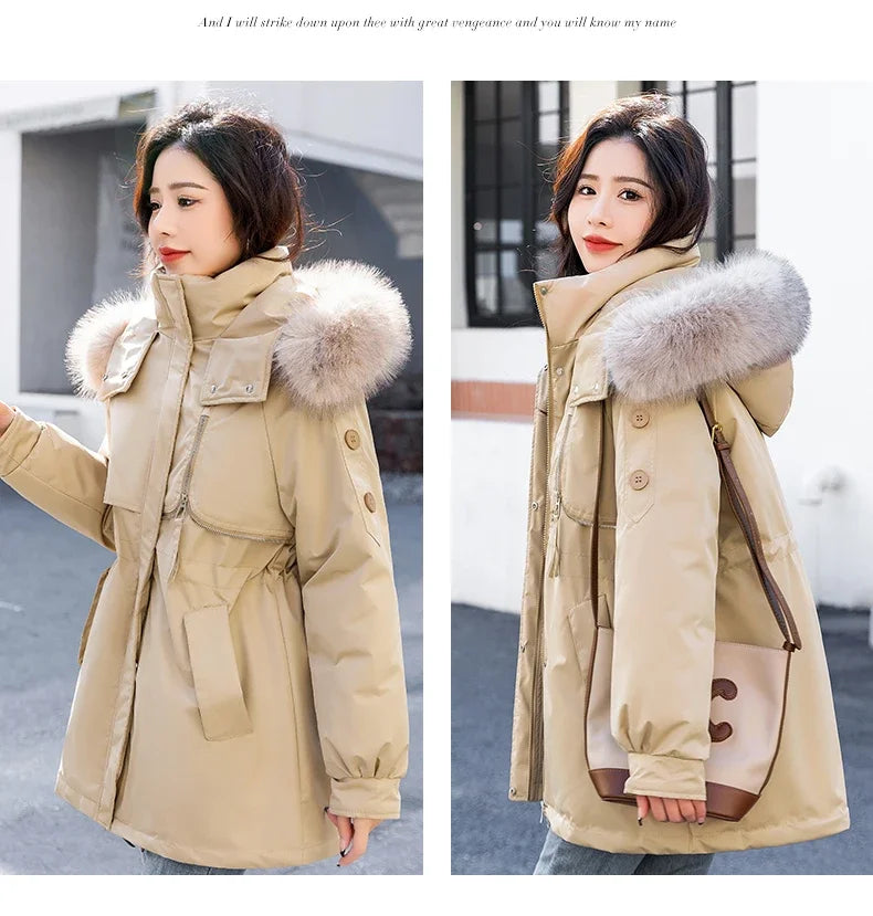 CJFHJE Parkas Winter Jackets Women Chaquetas Para Mujeres Waist Big Fur Collar Warm Down Jacket Outdoor Coat Abrigos De Plumas